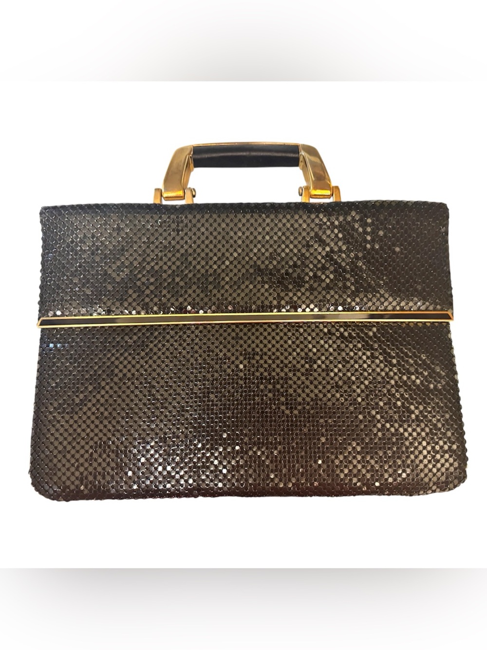 Y&S Original 80s Black & Gold Glam Mesh Structured Briefcase Top Handle Flap Bag
